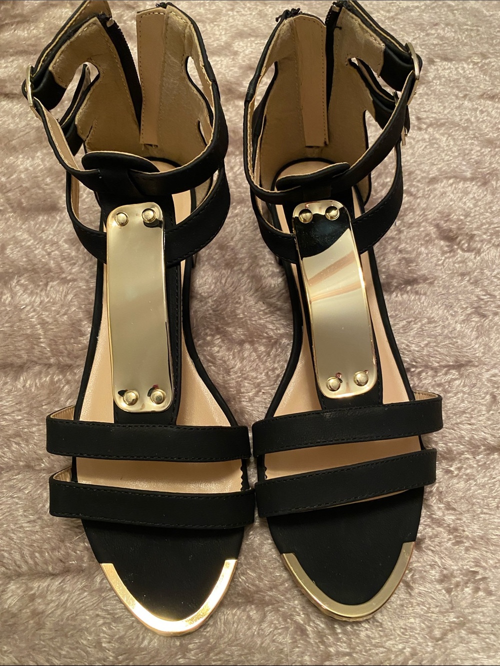 Black Gladiator Sandals with Gold Accent